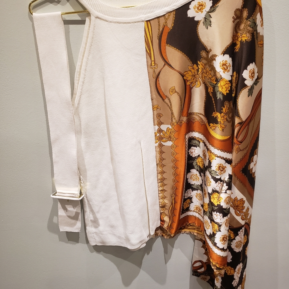 Half Racerneck Tank Half Scarf Sleeve Belted Top